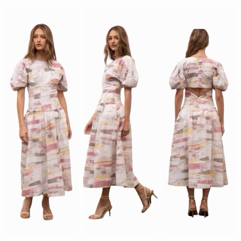 NWT Moon River Abstract Puff Sleeve Dress Sz M Cut-Out Back Frayed Hem Pastel